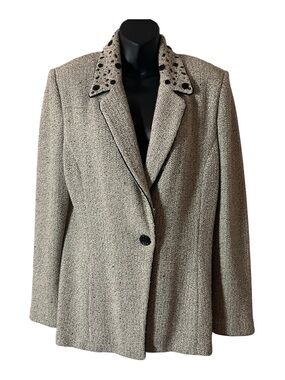 St. John Cream  One-Button Blazer with bead/ rhinestone/button knit jacket Sz 12